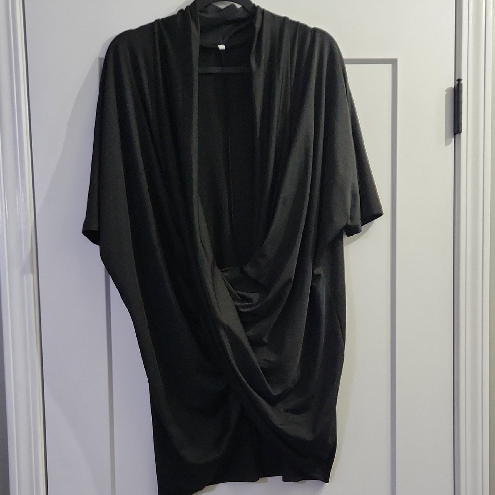 Black Wrap Draped Front Tunic Top